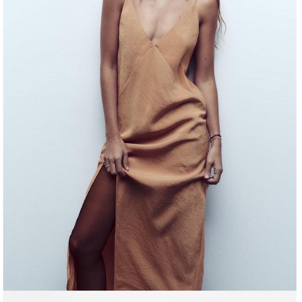 Zara Woman Camel Tan Modal Blend V-Neck Maxi Slip Dress with Side Slit Size M